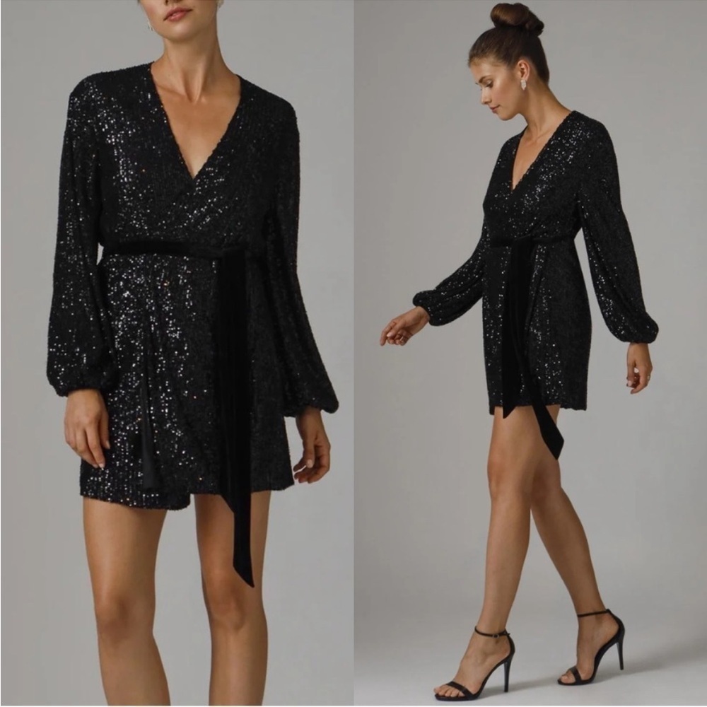 NWT Jay Godfrey Polly Sequined Mini Wrap Dress Black Sparkle Long Sleeve Sz 8